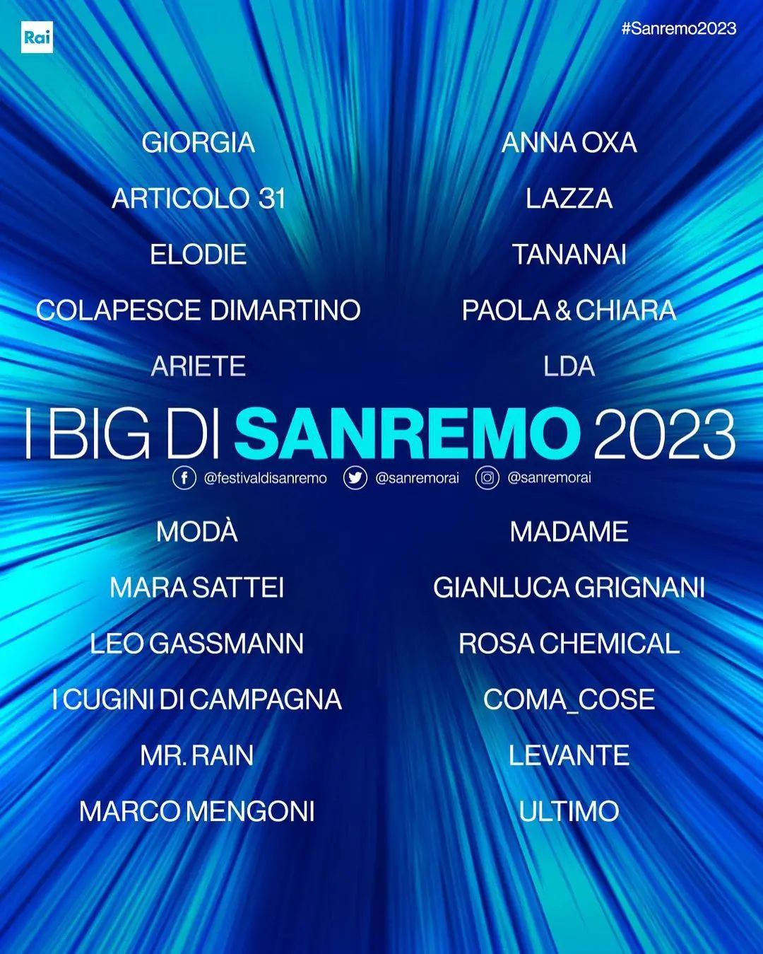  Sanremo 2023 Amadeus ha annunciato i nomi dei Big in gara al Festival di Sanremo durante il Tg1.